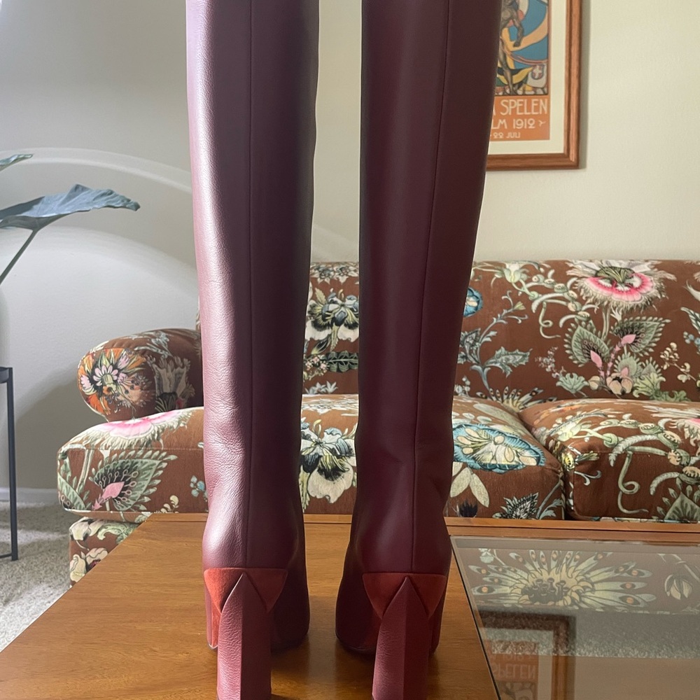 Salvatore Ferragamo Women's Antea Burgundy Leather Suede Knee High Boots size 9 - Picture 6 of 16